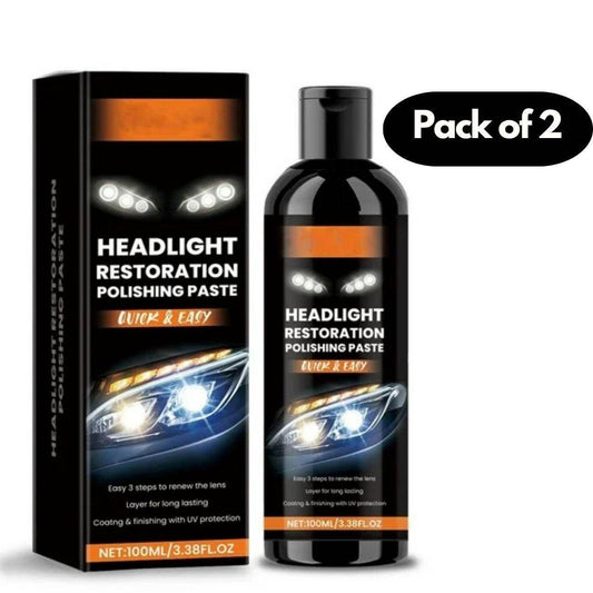 Pack of 2 headlight restoration polishing paste bottles with black packaging and clear car headlight image