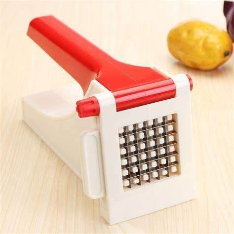 Heavy duty vegetable chopper with red handle and stainless steel blades on wooden surface