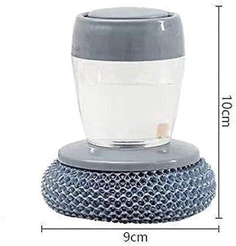 Gray kitchen soap dispensing palm brush with transparent soap container and textured scrubber base