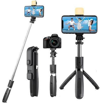 Multi function selfie stick for vlogging with adjustable phone and camera holder and foldable tripod stand