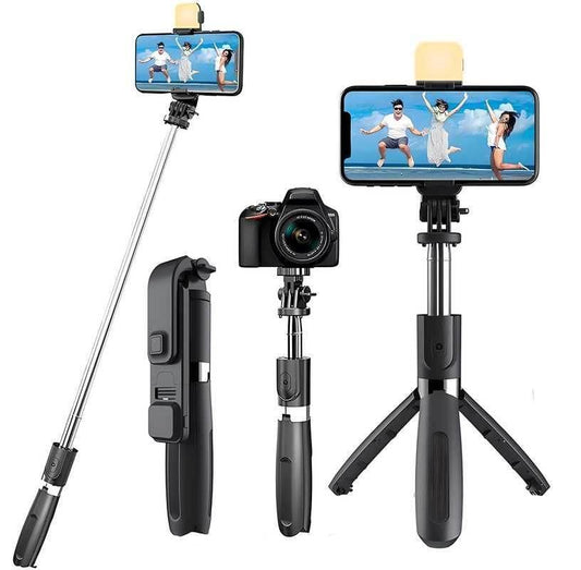 Multi function selfie stick for vlogging with adjustable phone and camera holder and foldable tripod stand