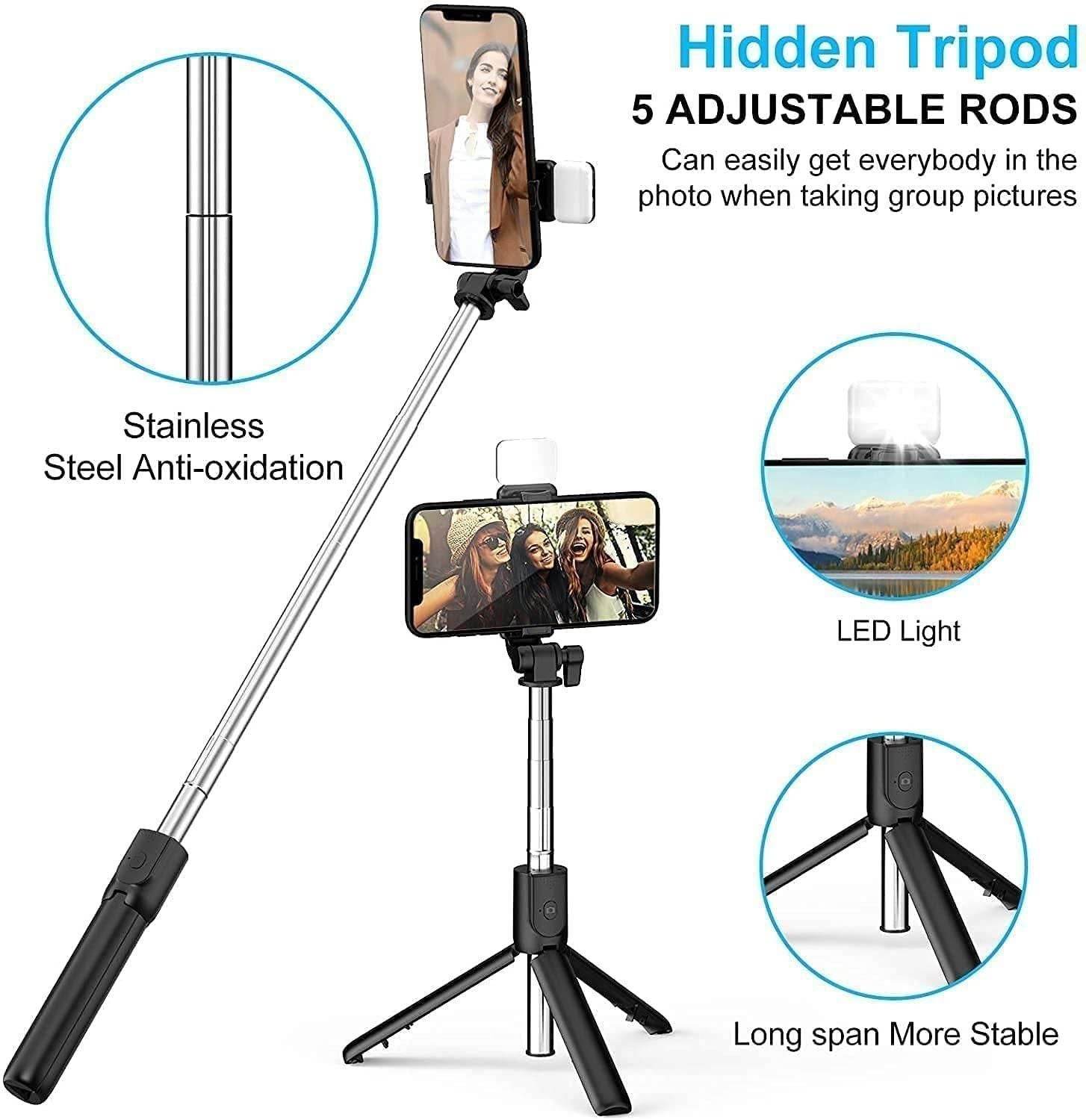 Multi function selfie stick for vlogging with hidden tripod, adjustable rods, LED light, and stainless steel design