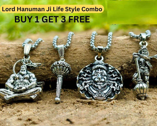 Lord Hanuman pendant necklace set with four silver-tone chains featuring detailed religious pendants