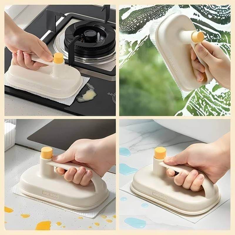 Disposable cleaning brush with handle used for scrubbing stove, windows, and surfaces with easy grip