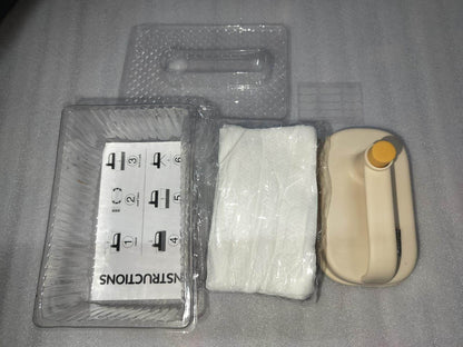 Disposable cleaning brush with handle set including brush, cleaning cloth, and instructions in packaging