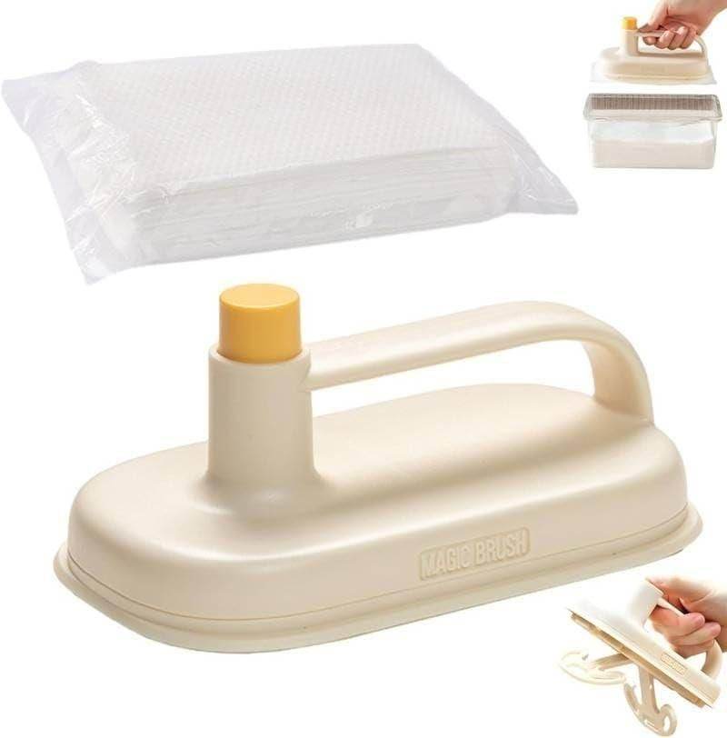 Disposable cleaning brush with handle in beige with replaceable white cleaning pads for household use