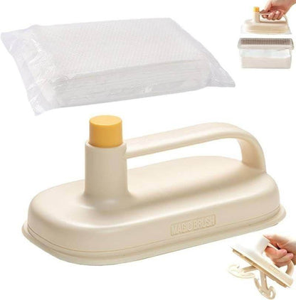 Disposable cleaning brush with handle in beige with replaceable white cleaning pads for household use