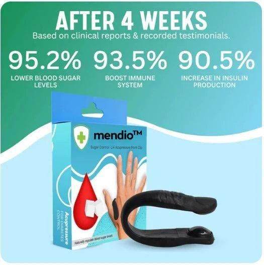 Sugar control acupressure clip next to its packaging showing health benefits after 4 weeks