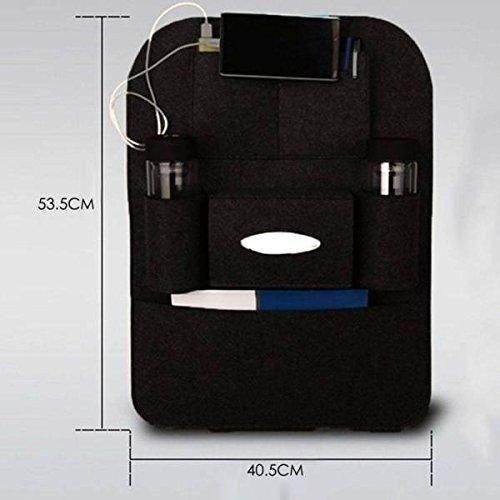 Black multi-pocket car organizer for back seat with various compartments and dimensions 53.5 by 40.5 cm