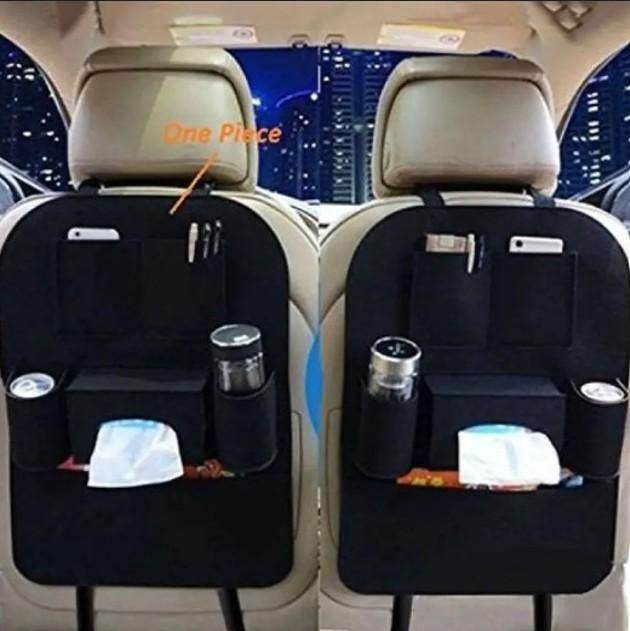 Black multi-pocket car organizer for back seat attached to front car seats holding drinks and small items