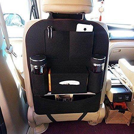Black multi-pocket car organizer for back seat with compartments for bottles, tissues, and devices