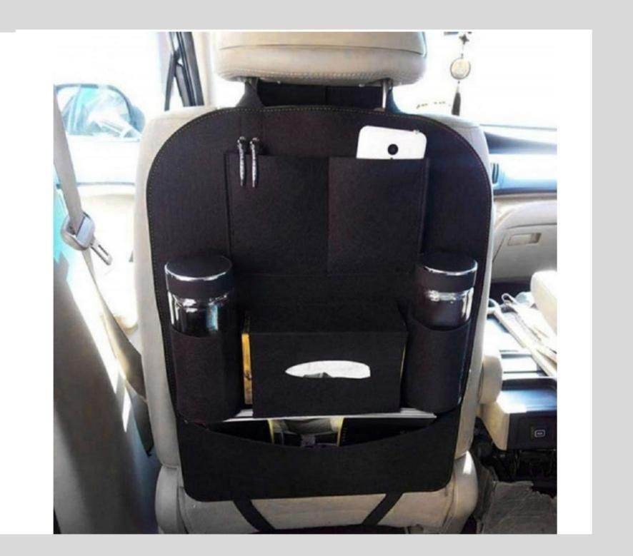 Black multi-pocket car organizer for back seat with compartments for phone, cups, and tissues attached to front seat
