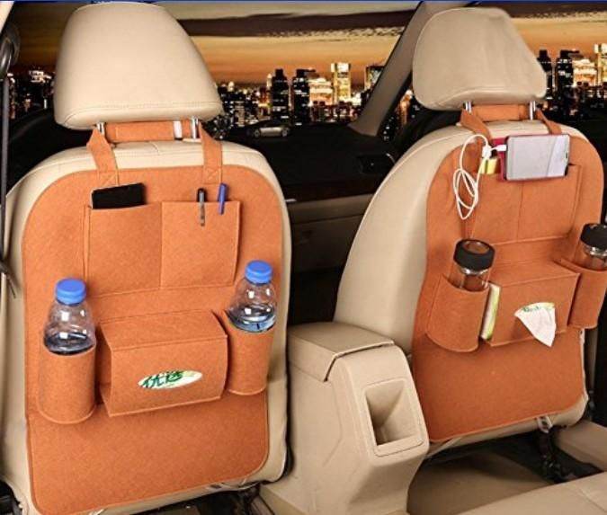 Multi-pocket car organizer for back seat attached to front car seats holding water bottles, phone, and accessories