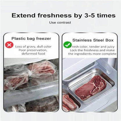 Multi-purpose kitchen container with cover stainless steel box preserving meat freshness compared to plastic bag freezer