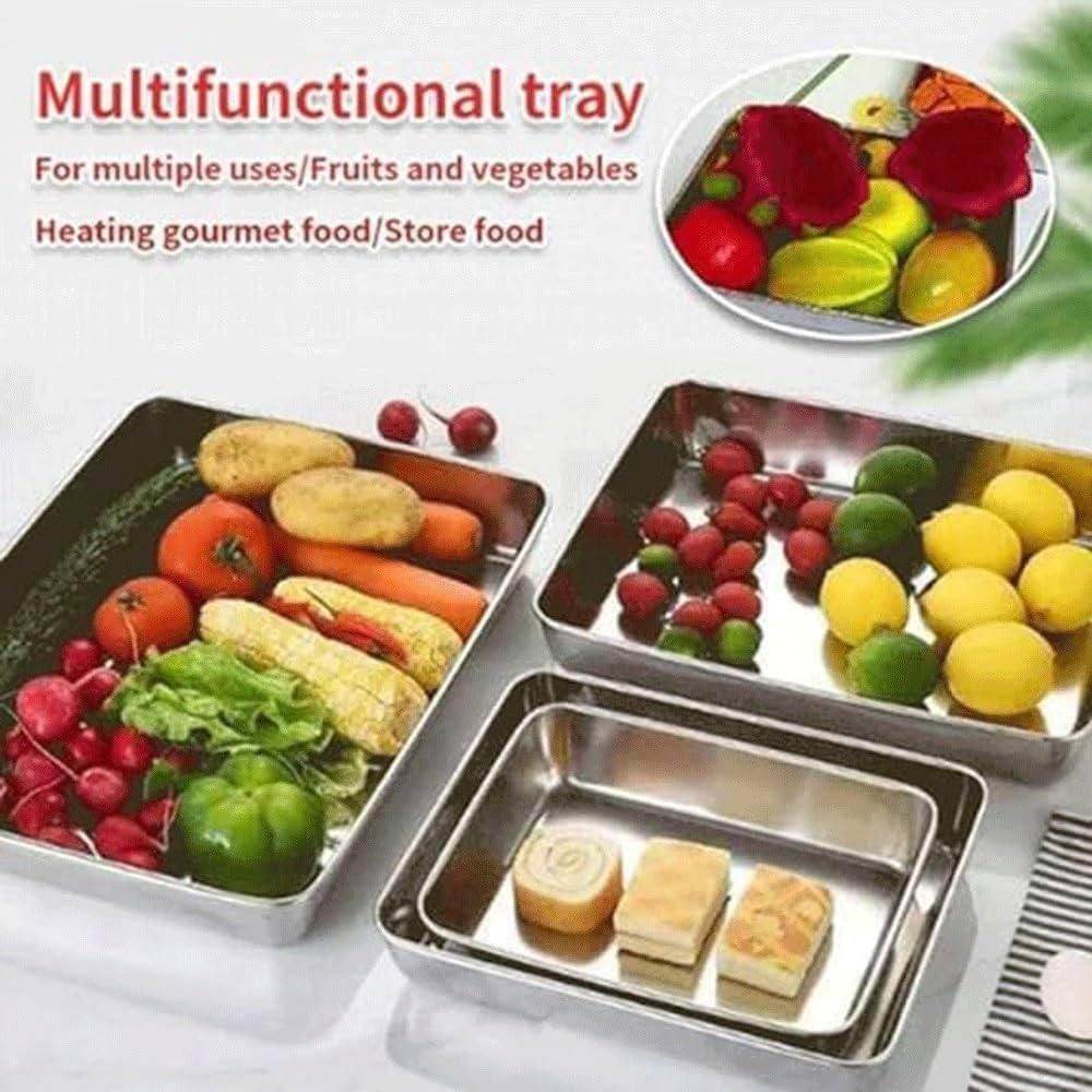 Multi-purpose kitchen container with cover stainless steel trays holding vegetables and desserts