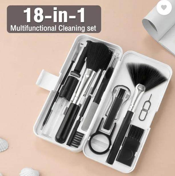 18-in-1 multifunctional cleaner brush set with various black brushes and cleaning tools in a white case
