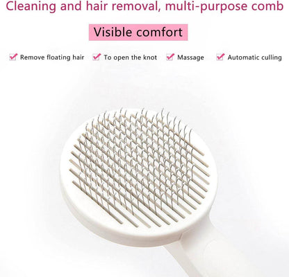 White pet head comb with cleaning needle for removing floating hair and opening knots