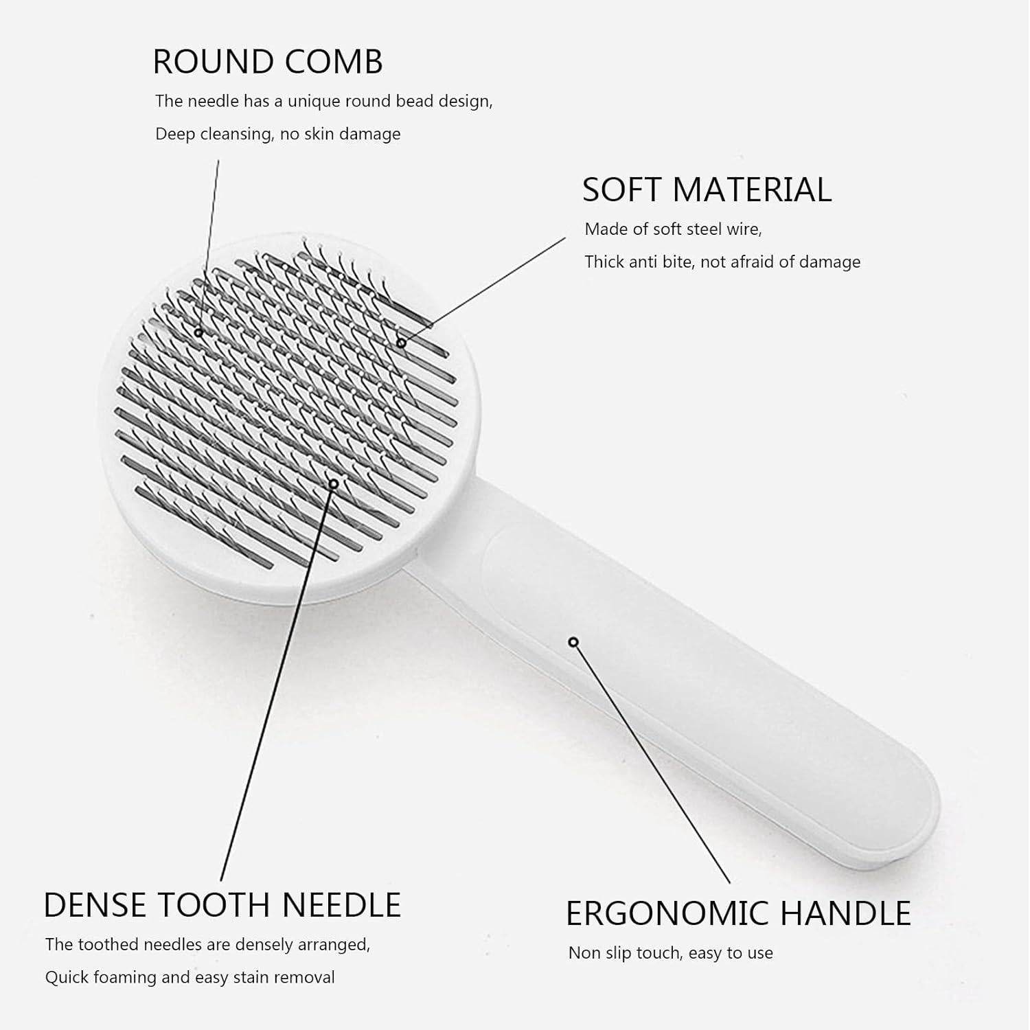 White pet head comb with cleaning needle featuring round comb, dense tooth needle, soft material, and ergonomic handle