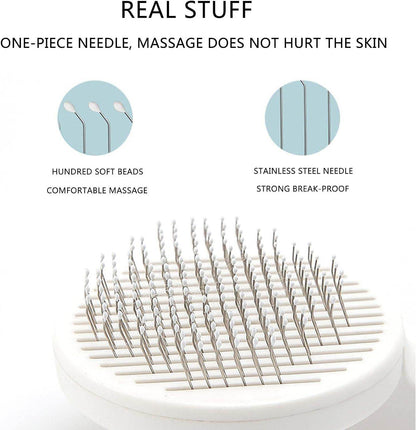 Pet head comb with cleaning needle featuring stainless steel needles and soft massage beads for gentle grooming