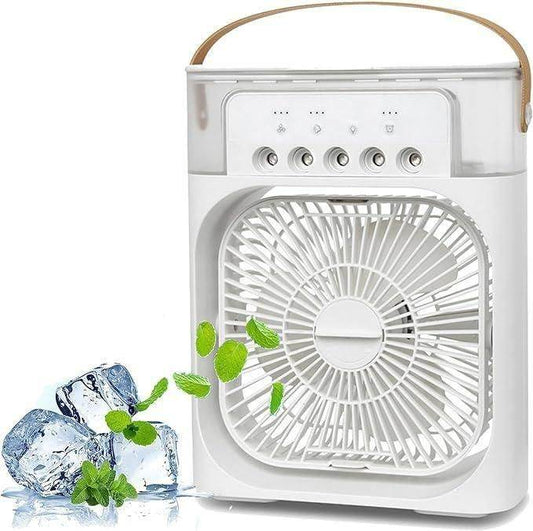 White cooling spray fan with water mist featuring adjustable knobs and portable handle with ice cubes and mint leaves
