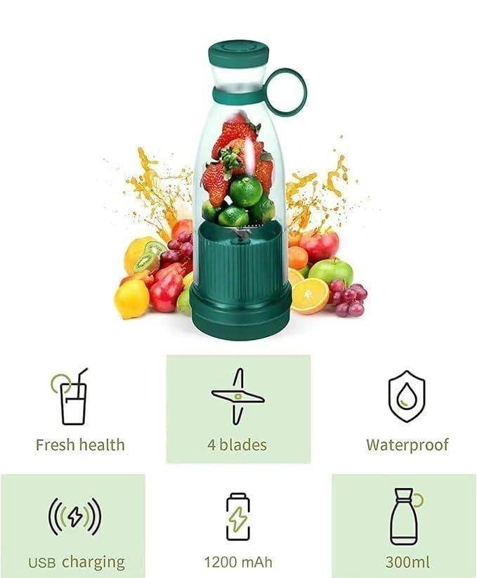 Portable mini juice blender in green with 4 blades USB charging waterproof 300ml capacity