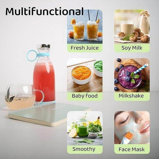 Portable mini juice blender showing multifunctional uses including fresh juice soy milk baby food milkshake smoothie and face mask preparation