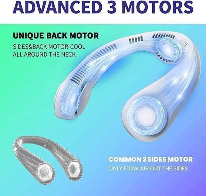 Portable neck fan rechargeable with advanced 3 motors providing all-around cooling including unique back motor and side motors