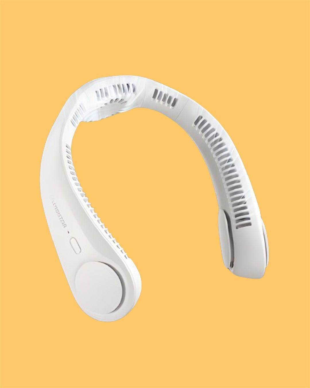White portable neck fan rechargeable with curved design and ventilation slots against yellow background