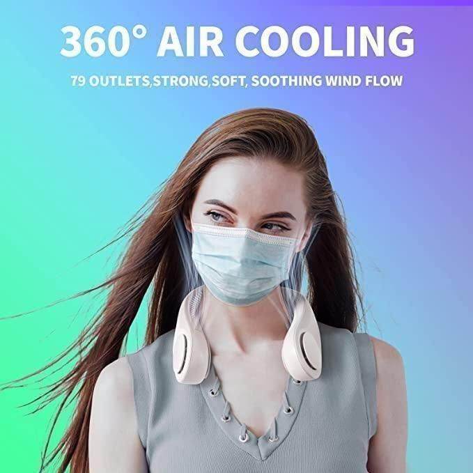 Woman wearing a portable neck fan rechargeable with 360 degree air cooling and 79 outlets