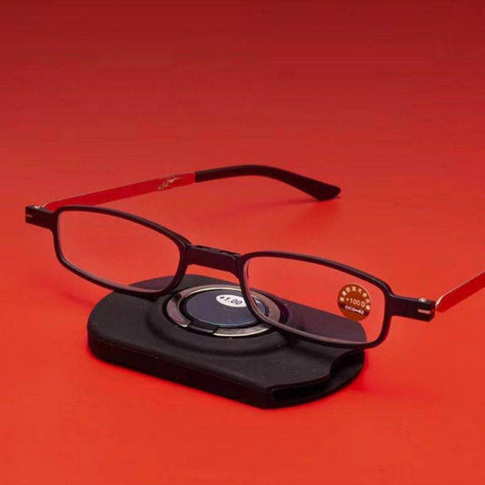 Black and red portable reading glasses UV400 with a compact black folding case on red background