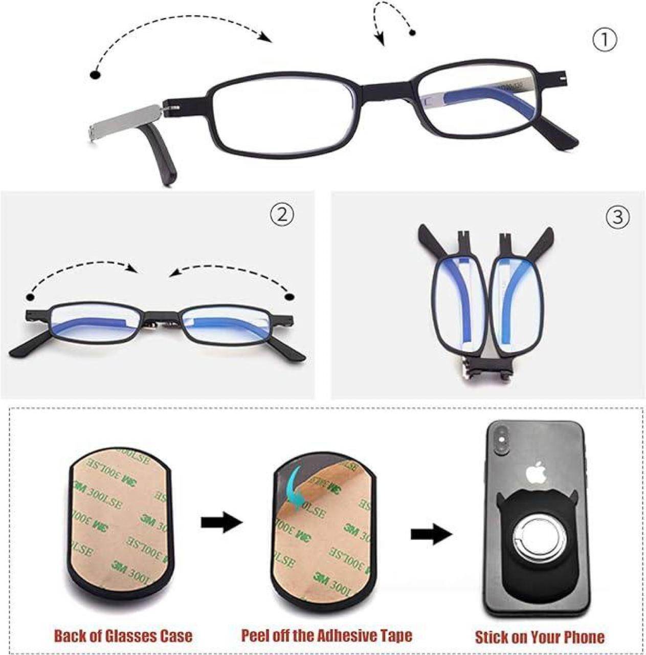 Portable reading glasses UV400 with foldable design and adhesive case to stick on your phone