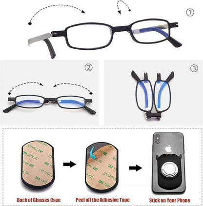 Portable reading glasses UV400 with foldable design and adhesive case to stick on your phone