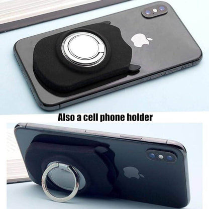 Portable reading glasses UV400 case doubling as a black cell phone holder with metal ring stand
