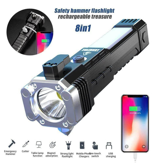 8in1 portable rechargeable LED flashlight with safety hammer, cutter, table lamp, magnet absorption, and USB charging