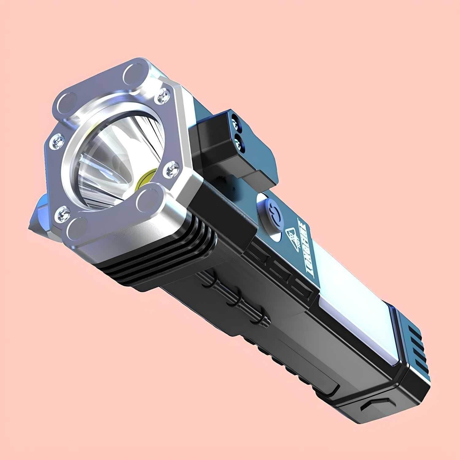 Black and silver portable rechargeable LED flashlight with a compact design and powerful beam