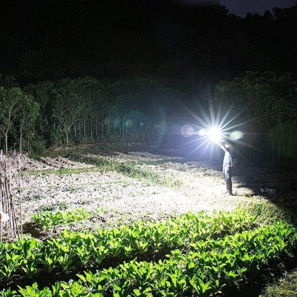 Person using a portable rechargeable LED flashlight to illuminate a garden at night