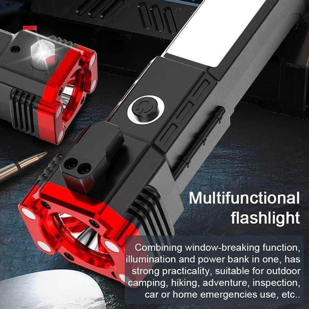Multifunctional portable rechargeable LED flashlight with window-breaking function and power bank feature
