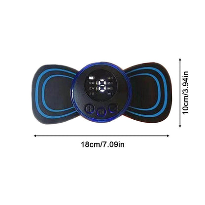 Compact black and blue portable wireless muscle massager with digital display and control buttons