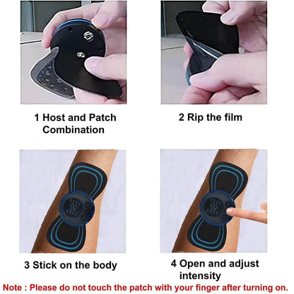 Step by step instructions showing how to use the portable wireless muscle massager patch on the arm
