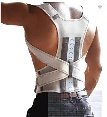 Adjustable posture corrector back brace with shoulder straps worn on a man's back for posture support