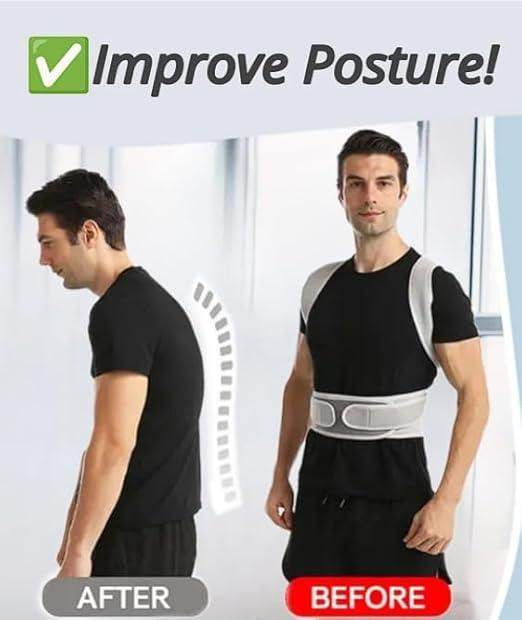 Posture corrector belt worn by man showing improved posture before and after comparison