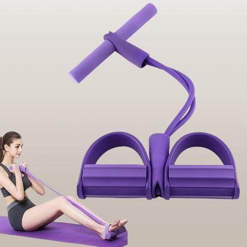 Purple yoga resistance band for exercise with foam handles and foot pedals shown with woman exercising