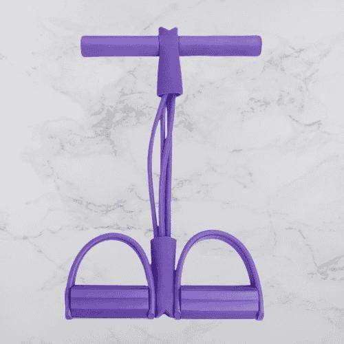 Purple yoga resistance band for exercise with dual foot pedals and handle grips for strength training