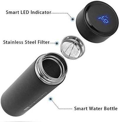 Smart thermos bottle with temperature display showing LED indicator and stainless steel filter parts