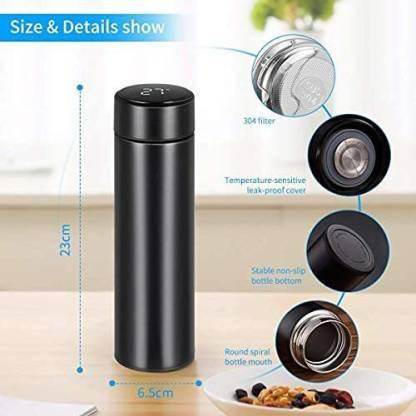 Black smart thermos bottle with temperature display showing size details and features like leak-proof cover and non-slip bottom