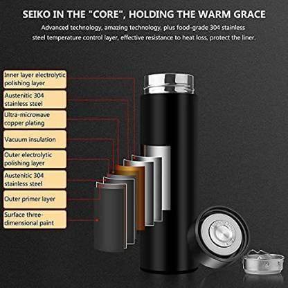 Black smart thermos bottle with temperature display featuring stainless steel and vacuum insulation layers