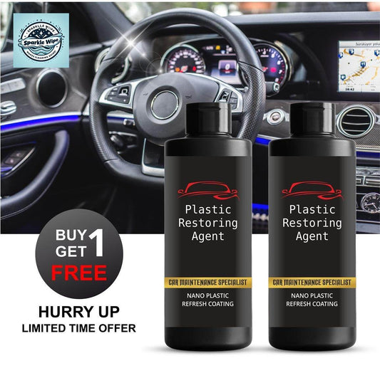 Buy one get one free nano coating for car interior plastic restoring agent bottles on car dashboard background
