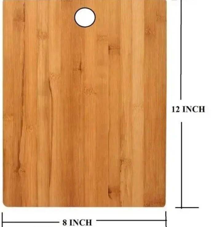 Wooden cutting board measuring 12 by 8 inches, perfect for use with stainless steel knives for home use