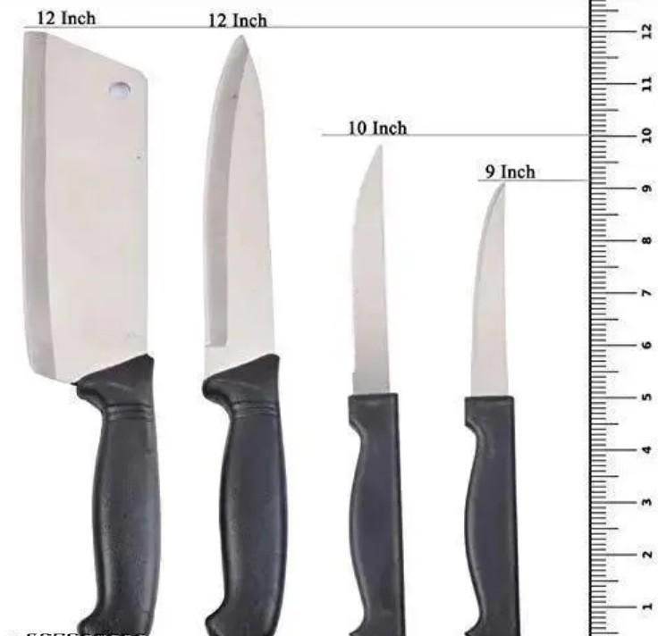 Set of stainless steel knives for home use with black handles and varying blade lengths up to 12 inches