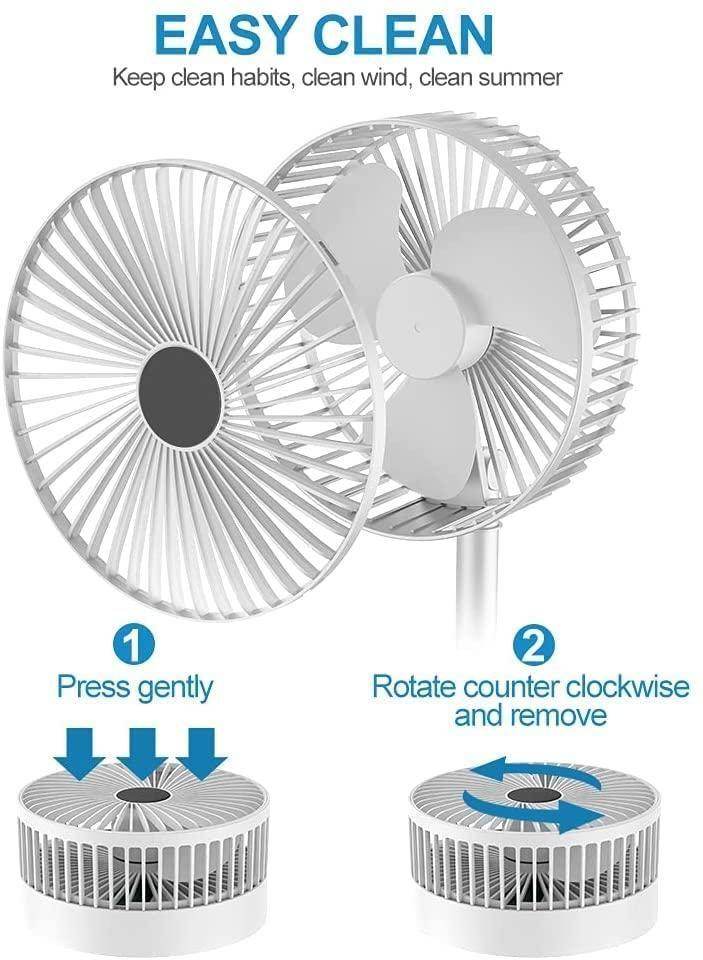 Easy clean rechargeable table fan with detachable front grill and three blades for simple maintenance
